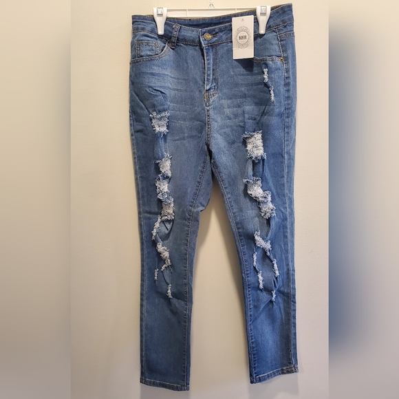 ☆3/35$ | NXH | NWT Blue Distressed High-Waisted Skinny Jeans in size Large - Picture 2 of 10